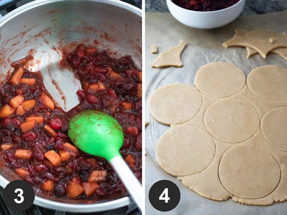 photos showing thick, finished cranberry apple filling and cutting rounds of dough.