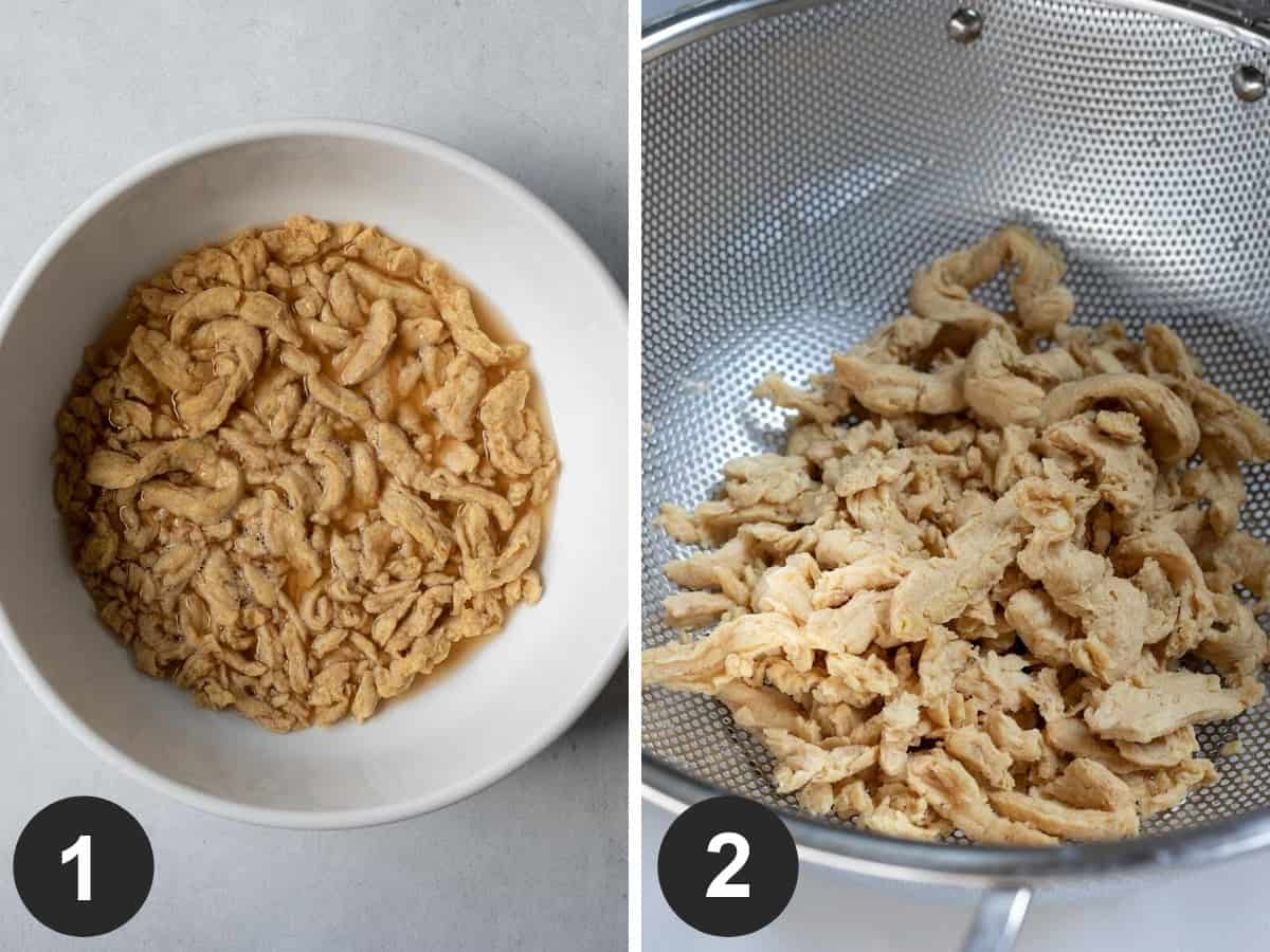2 photos showing soaking soy curls in broth and draining in a colander.