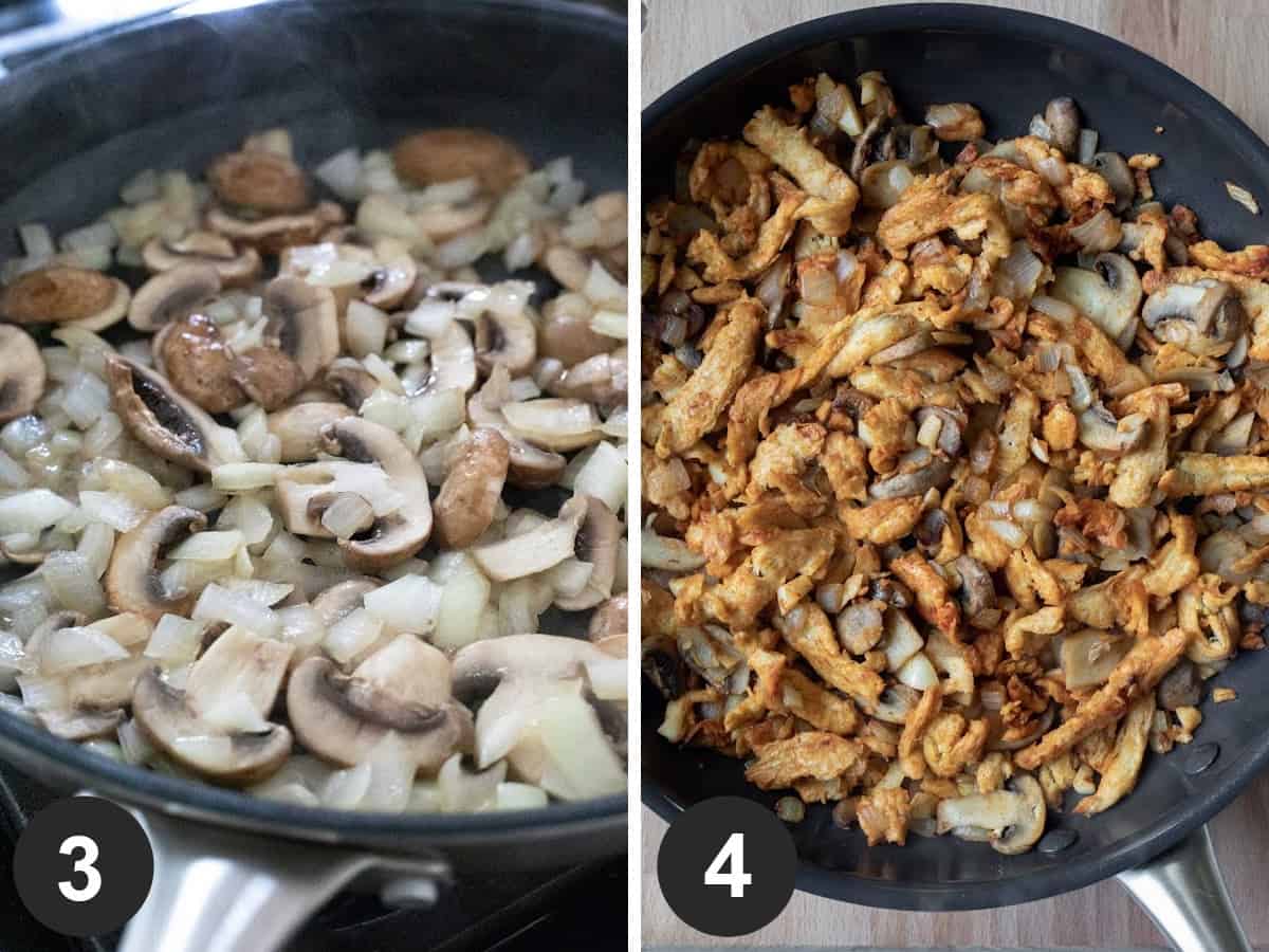 sautéing onion and mushrooms, then adding spice and soy curls for beefy flavor.