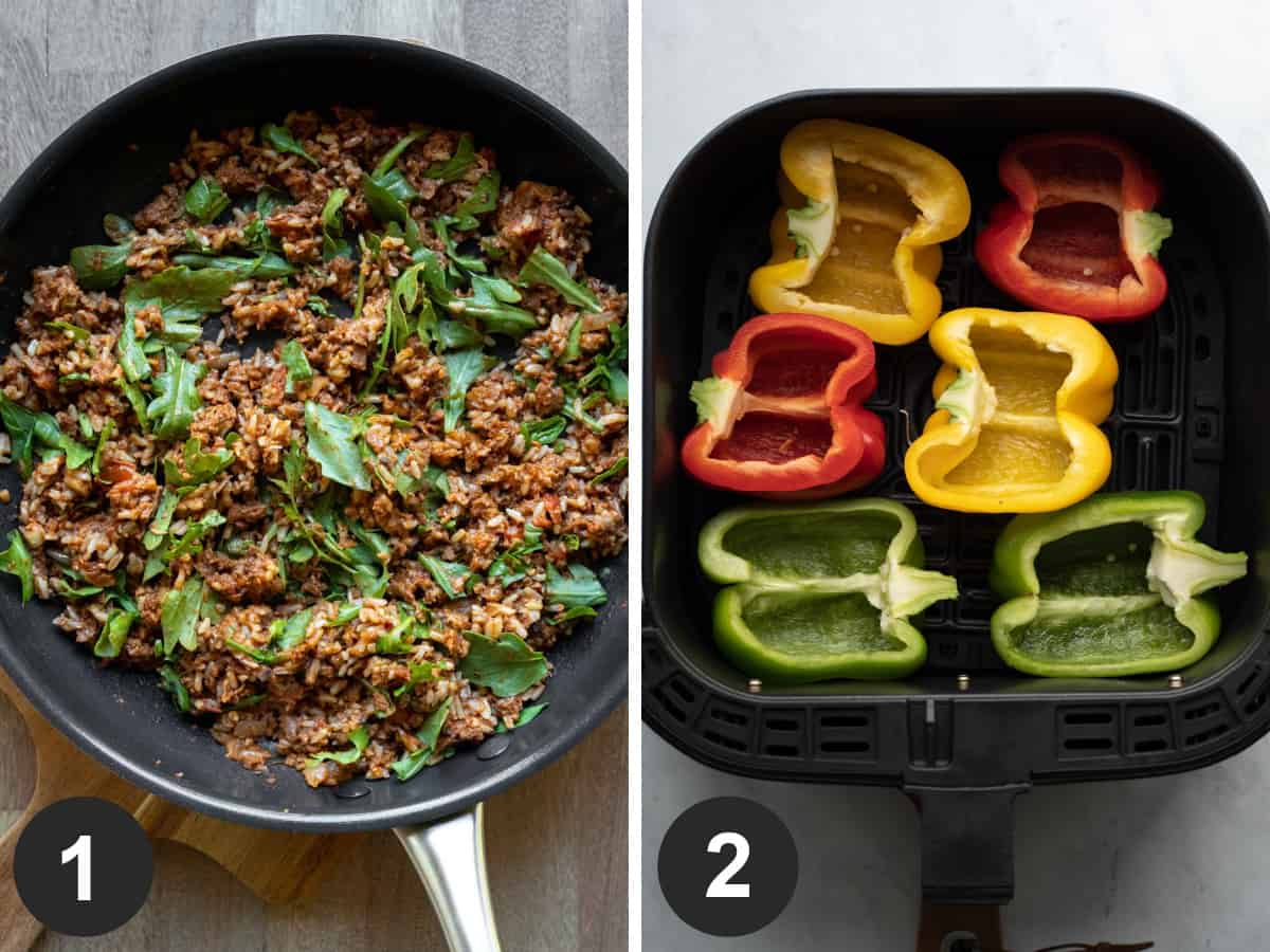 2 photos showing sautéing the filling and air frying the peppers.