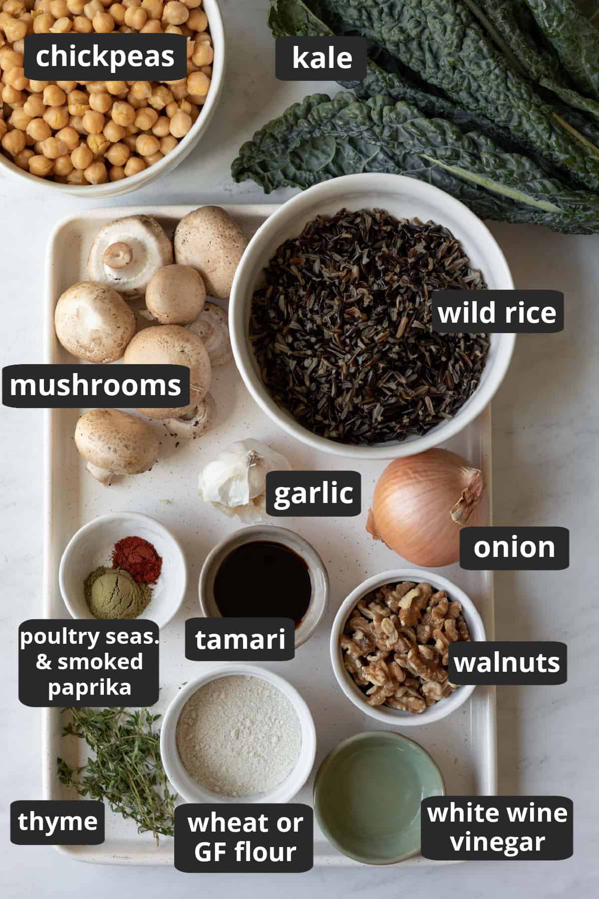 a labeled photo of the ingredients needed for chickpea meatloaf.