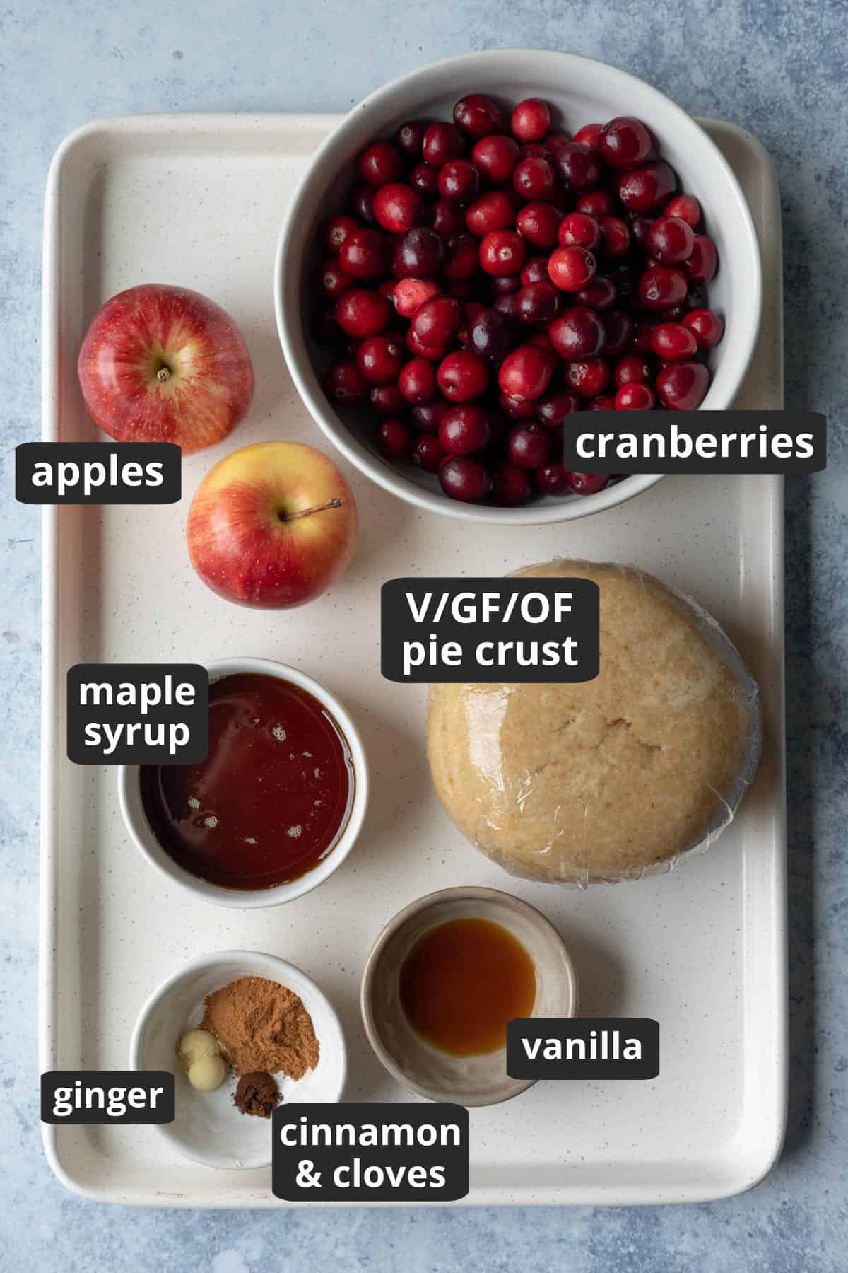 labeled photo of ingredients needed for apple cranberry hand pies.