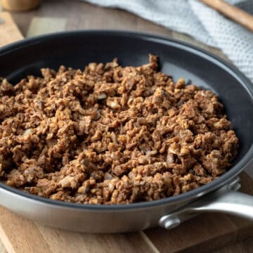 Homemade soy ground beef substitute in a non-stick pan.