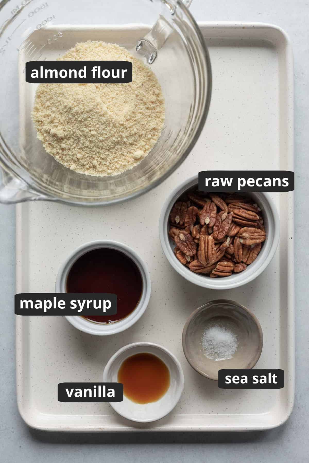 labeled photo of ingredients needed for 4-ingredient pecan cookies.