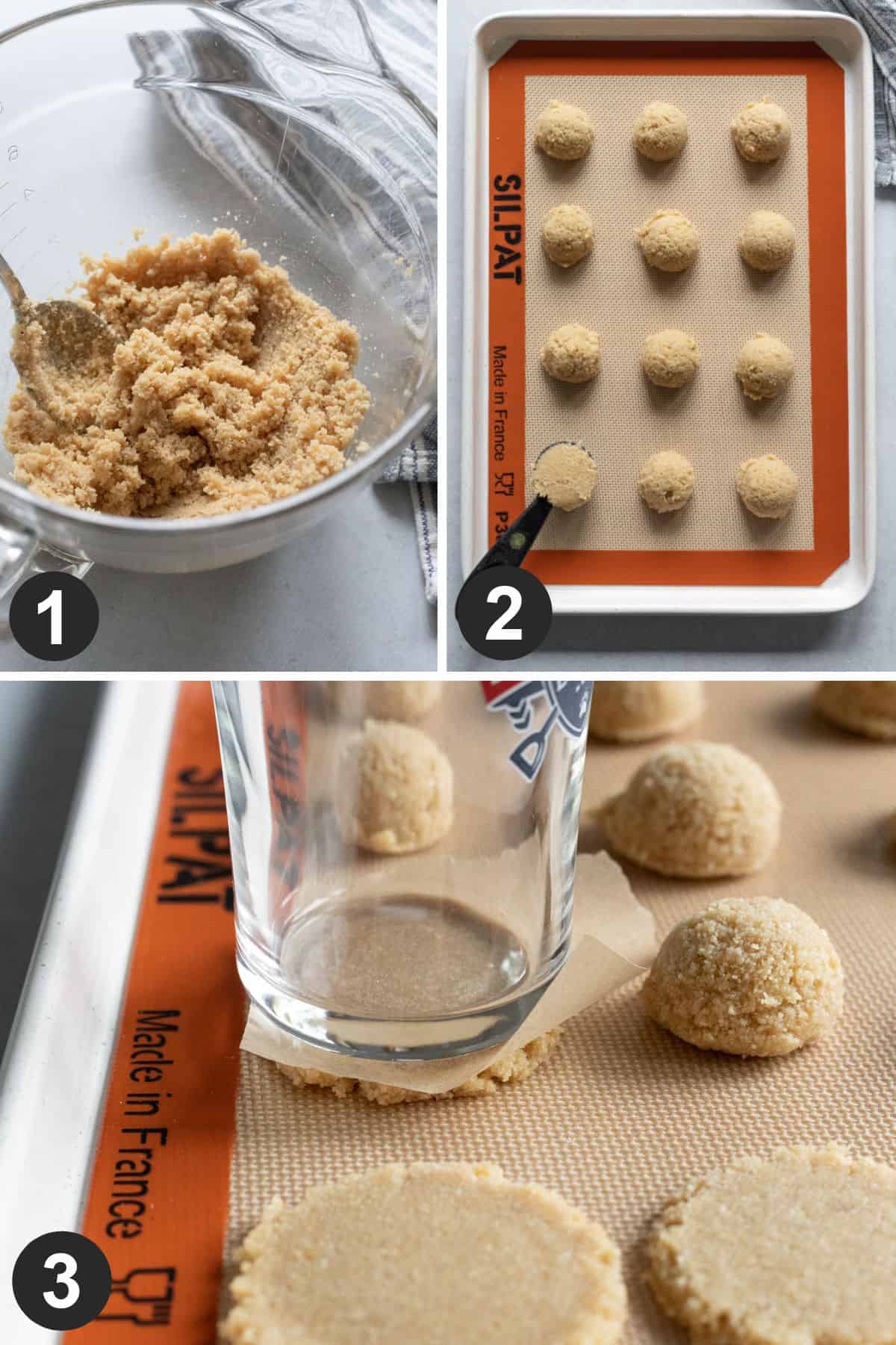 3-photo collage showing the steps of scooping and flattening the cookies.
