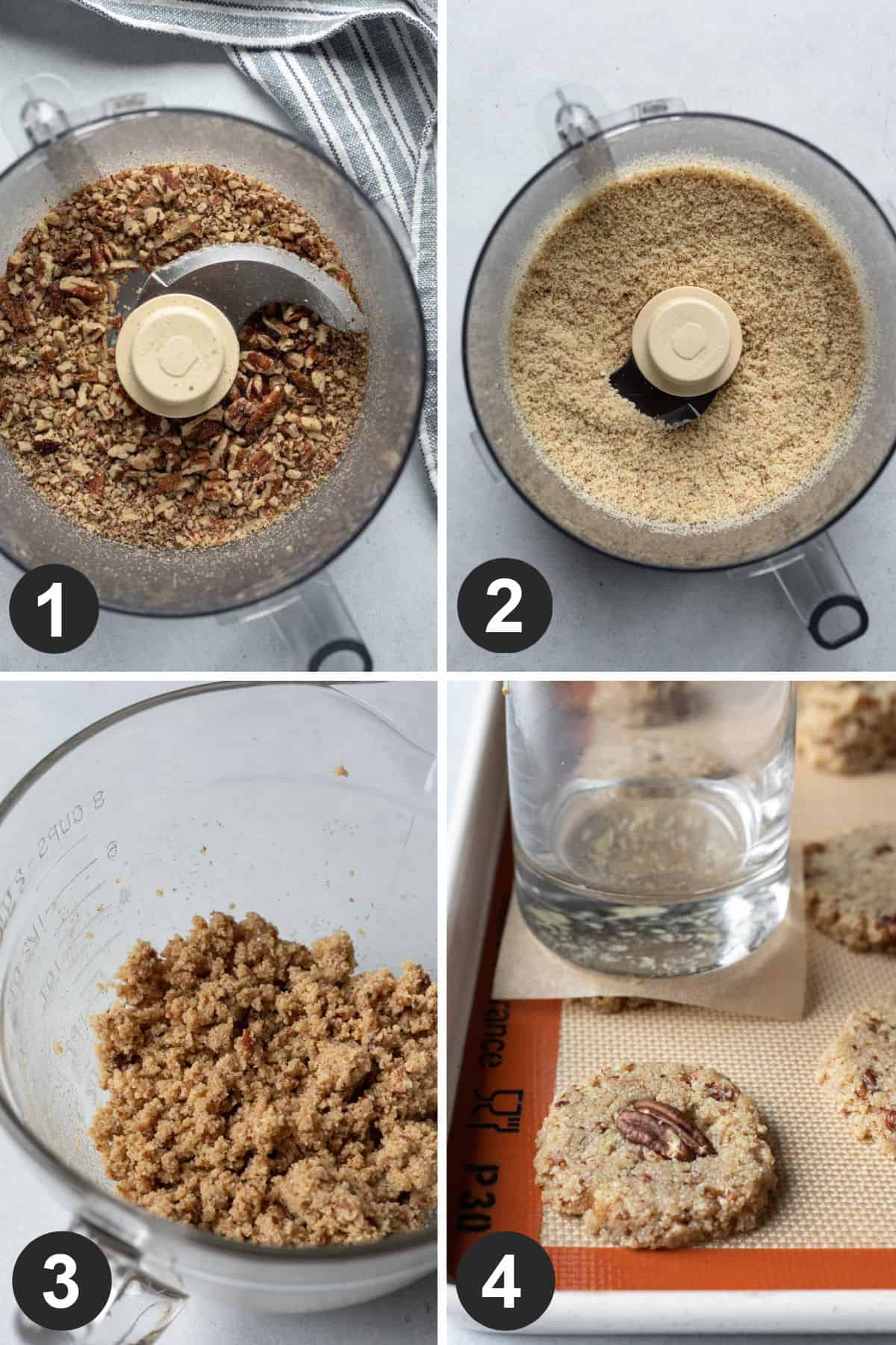 a 4-photo collage showing the steps of making vegan pecan cookies.