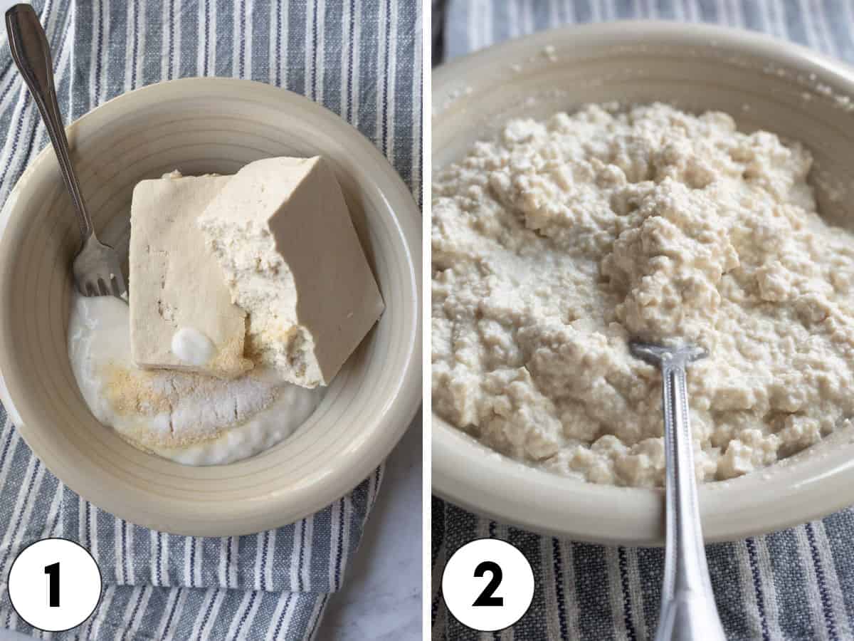 Two photos showing the process of mashing the ingredients in a bowl.