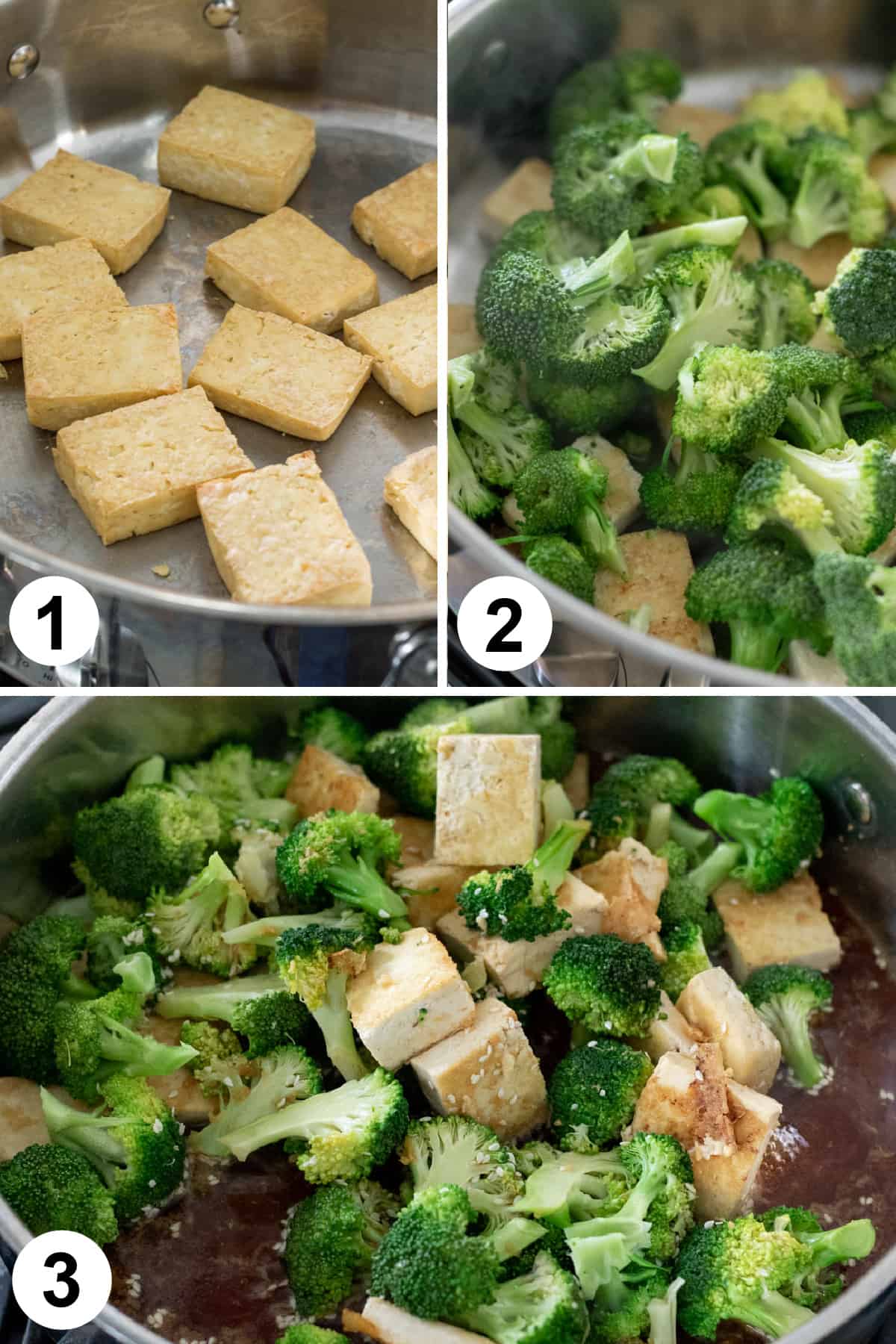 a 3-photo collage showing the steps to cook tofu and broccoli with sticky sesame sauce.