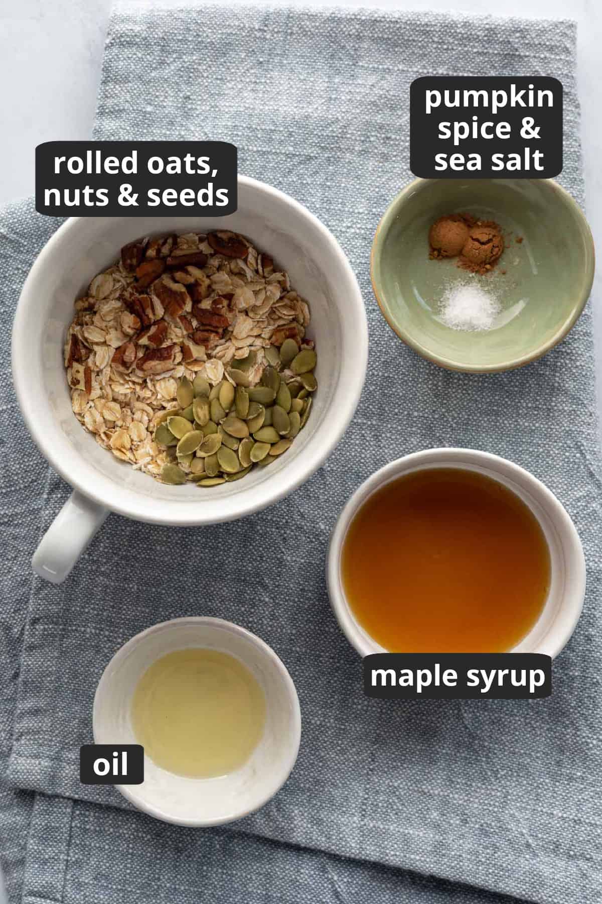 a labeled photo of the six ingredients needed to make mug granola.