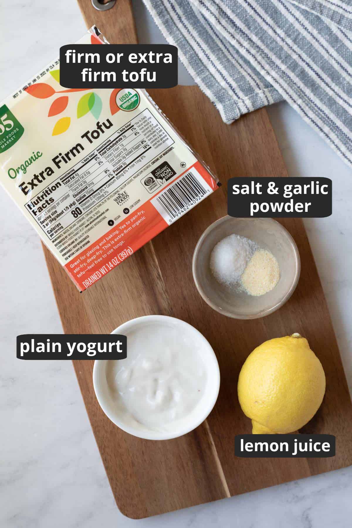 labeled photo of the 5 ingredients needed to make cottage cheese substitute with tofu.