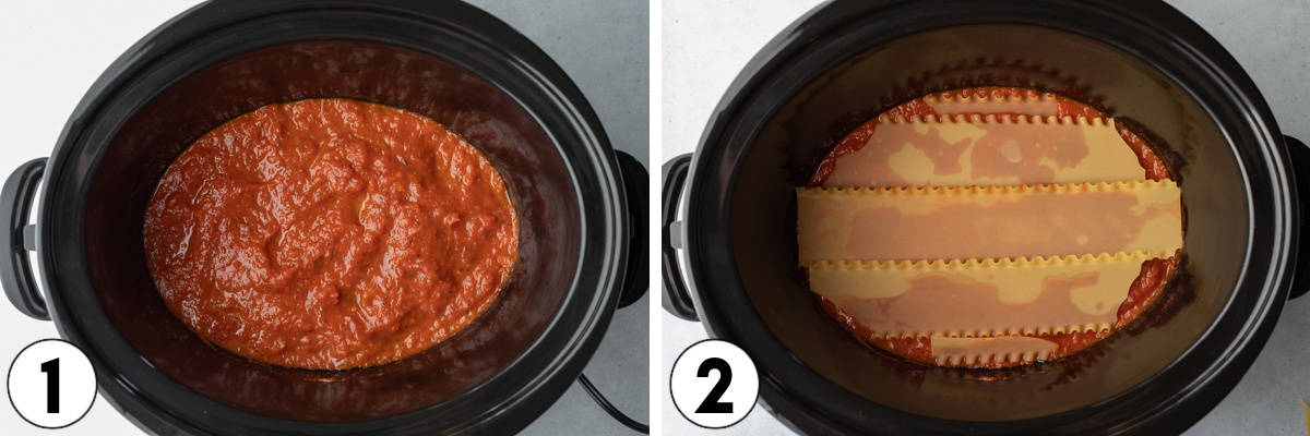 2-photo collage showing the first two steps of layering lasagna in the slow cooker.