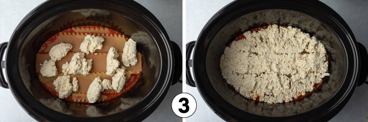 2-photos showing the third step of layering  tofu ricotta in lasagna.