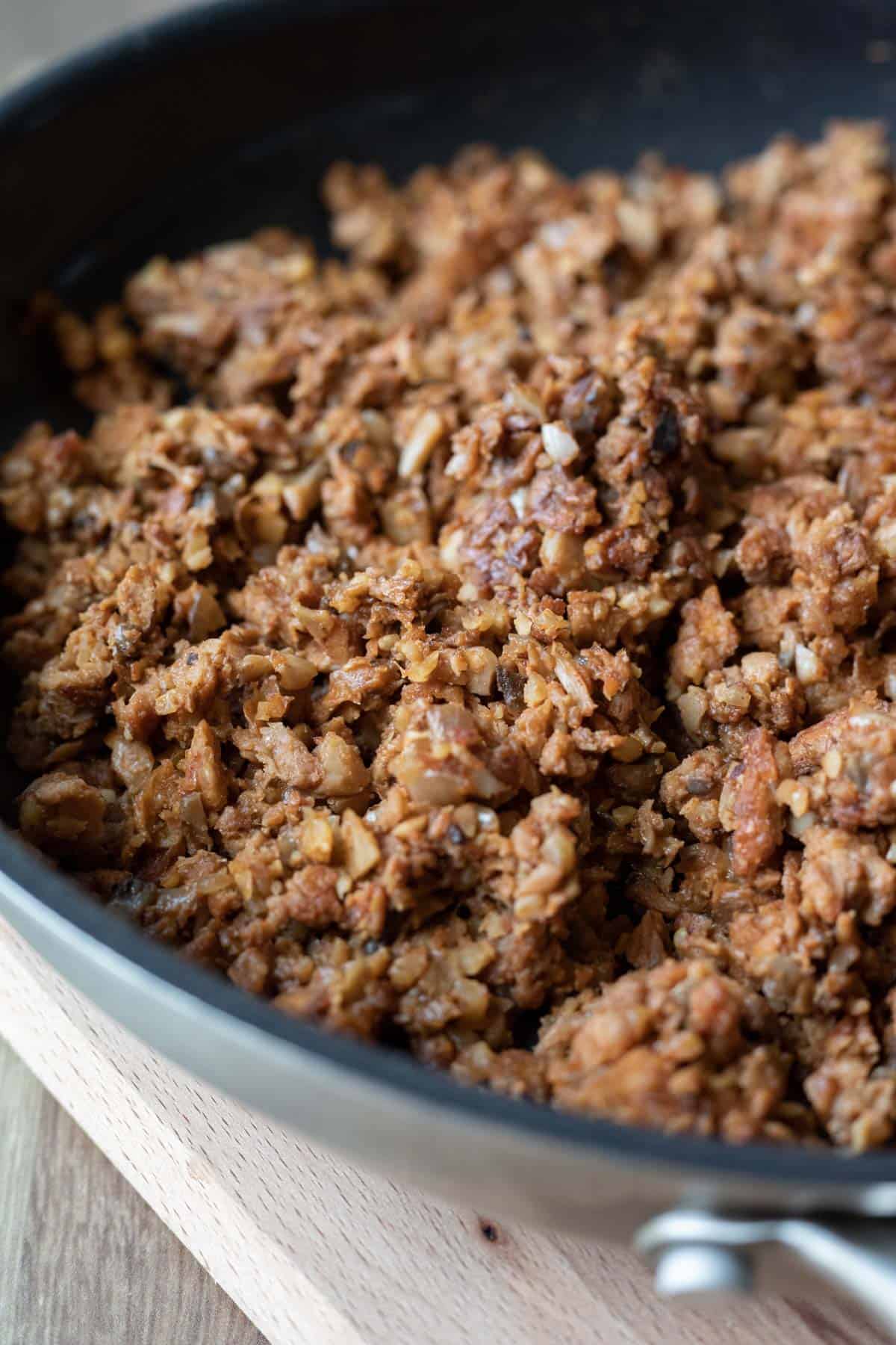 close up of vegan soy meat in a pan.