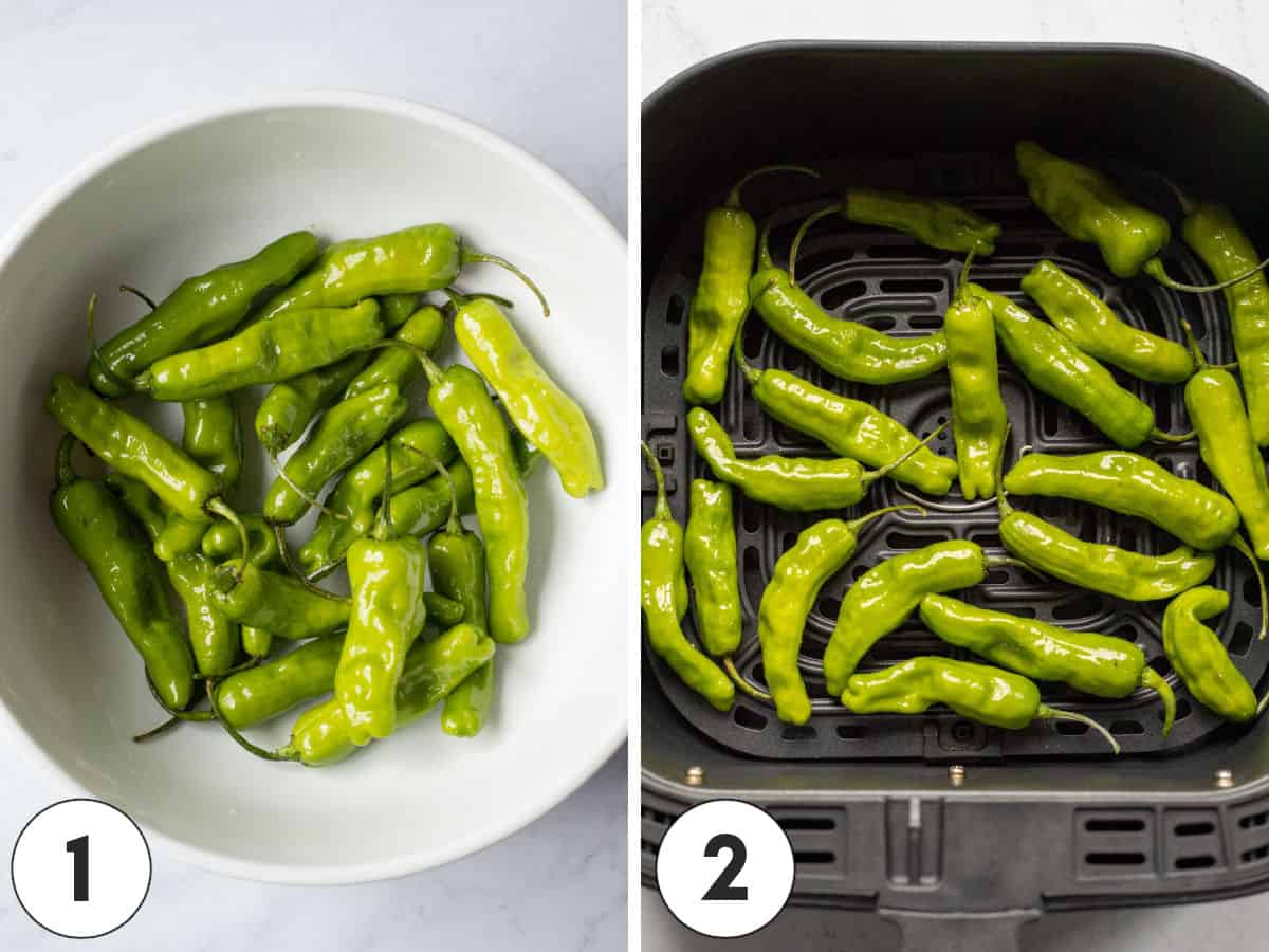 two photos showing peppers tossed with oil in a bowl and inside air fryer basket.