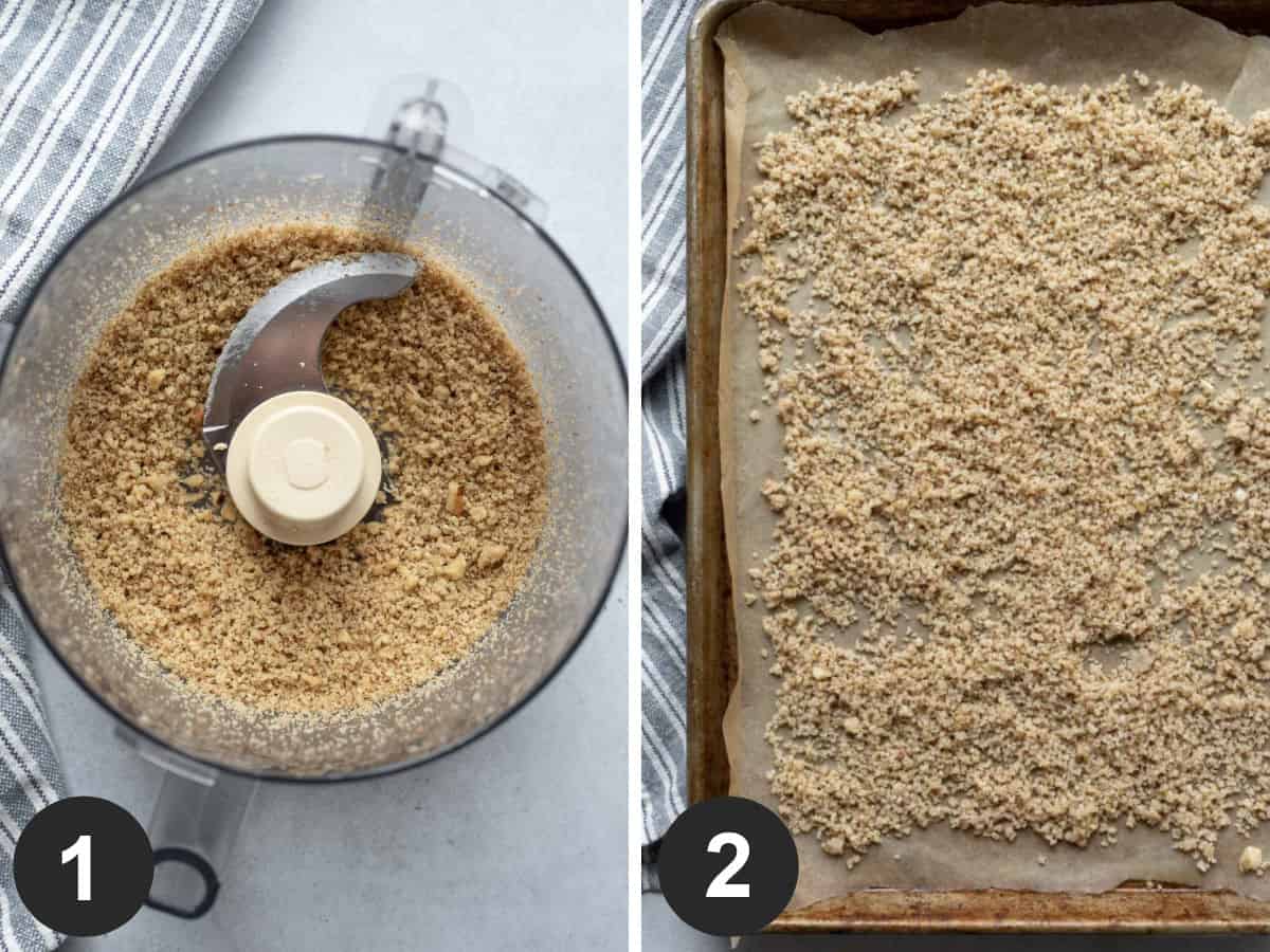 two photos showing processing seeds or nuts and spreading on baking sheet.