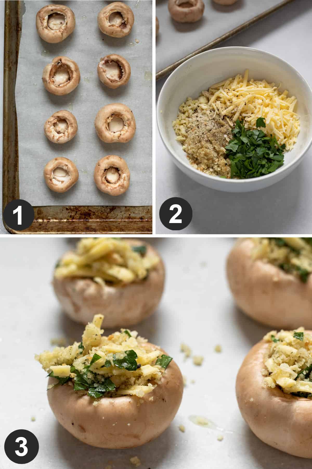 a 3-photo collage showing the steps of stuffing the mushrooms.