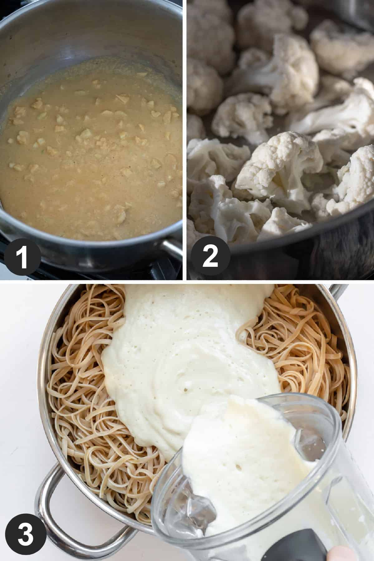 a 3-photo collage showing the steps of sautéing garlic, cooking cauliflower and blending sauce.