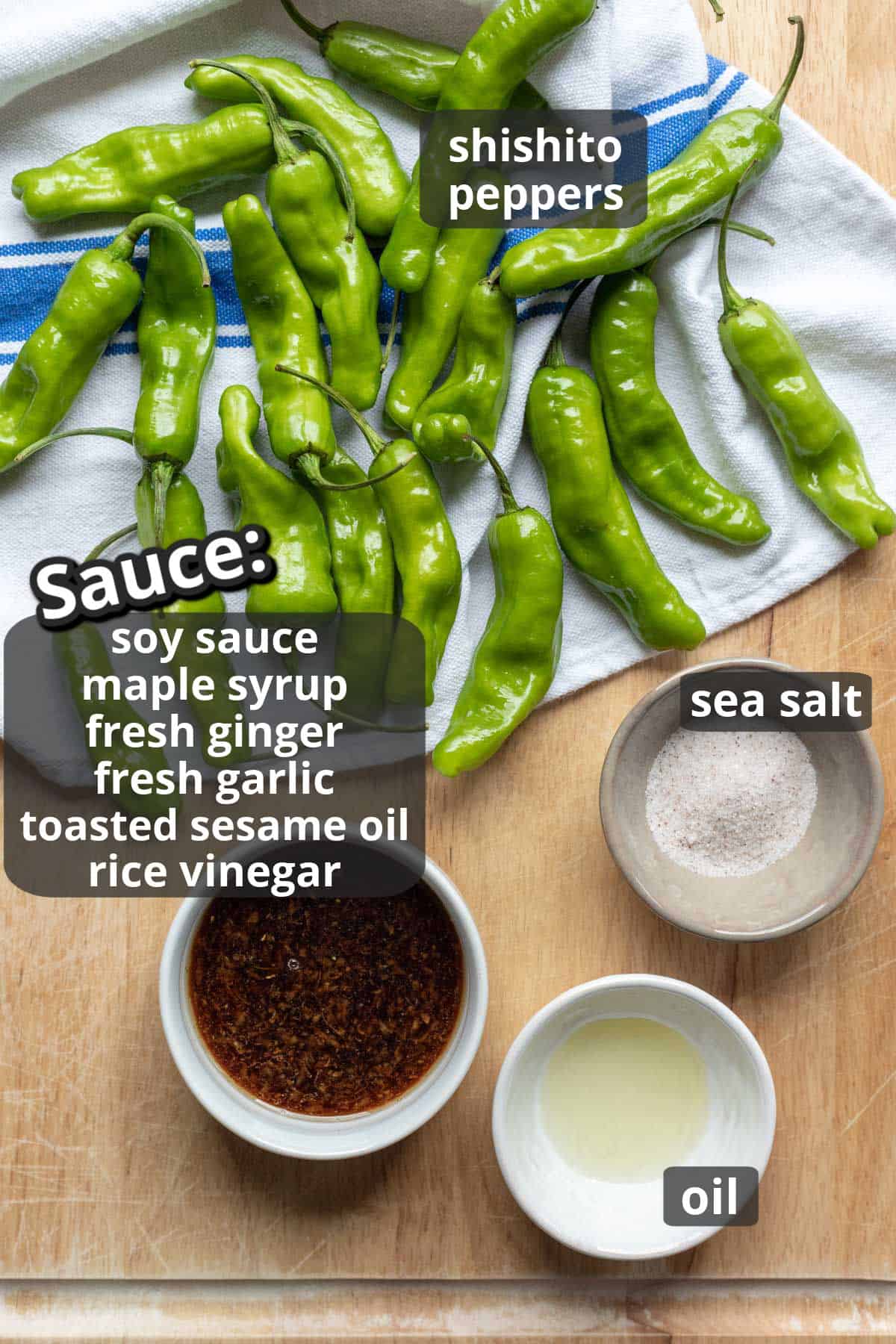 labeled photo of the ingredients needed for shishito peppers with sauce.