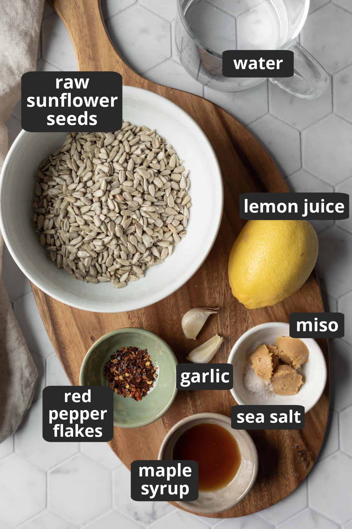 labeled photo of the ingredients needed for this salad dressing recipe.