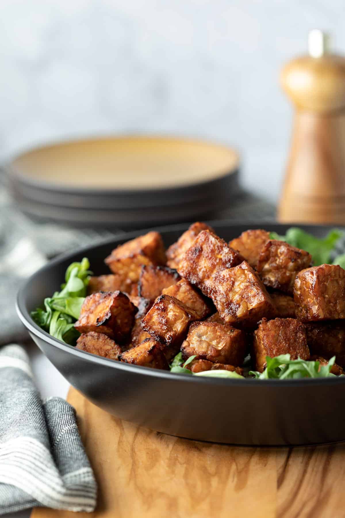 beautifully sticky, browned cubes of tempeh cooked in the air fryer.