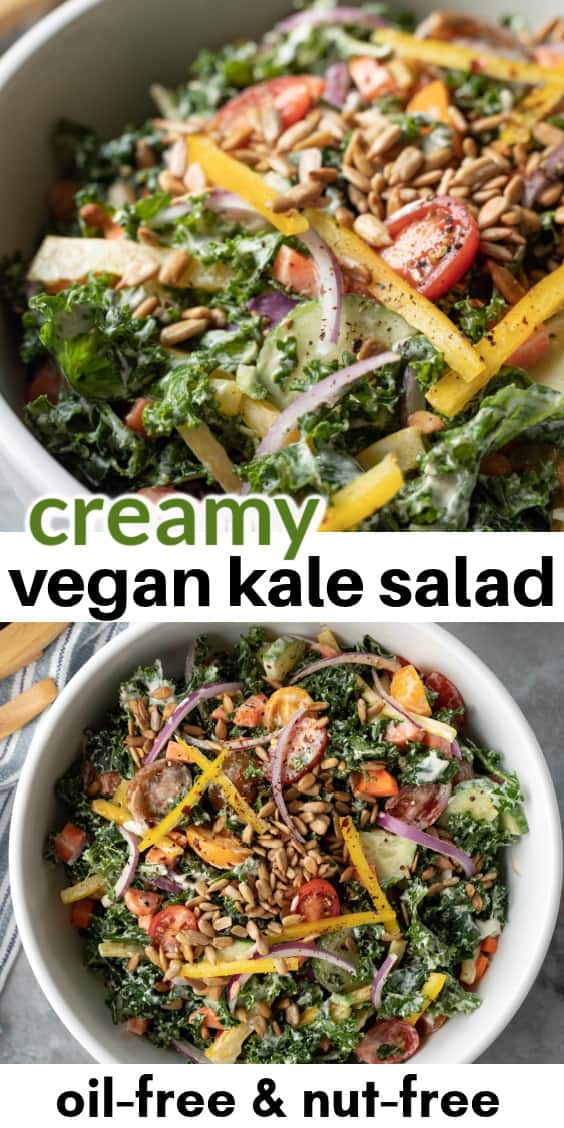 two photos of kale salad with text overlay to save on Pinterest.