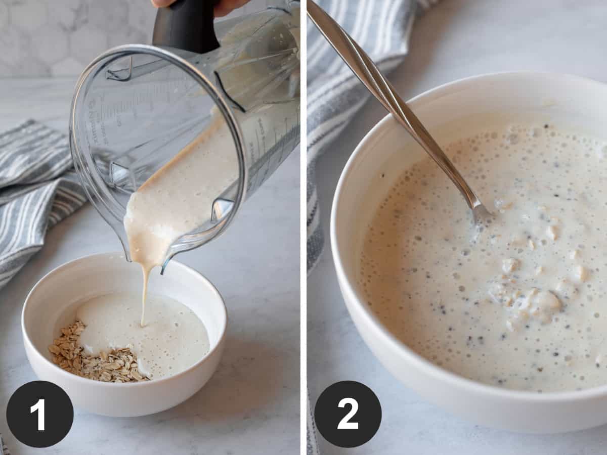 two photos showing combining wet and dry ingredients and stirring together overnight oats.