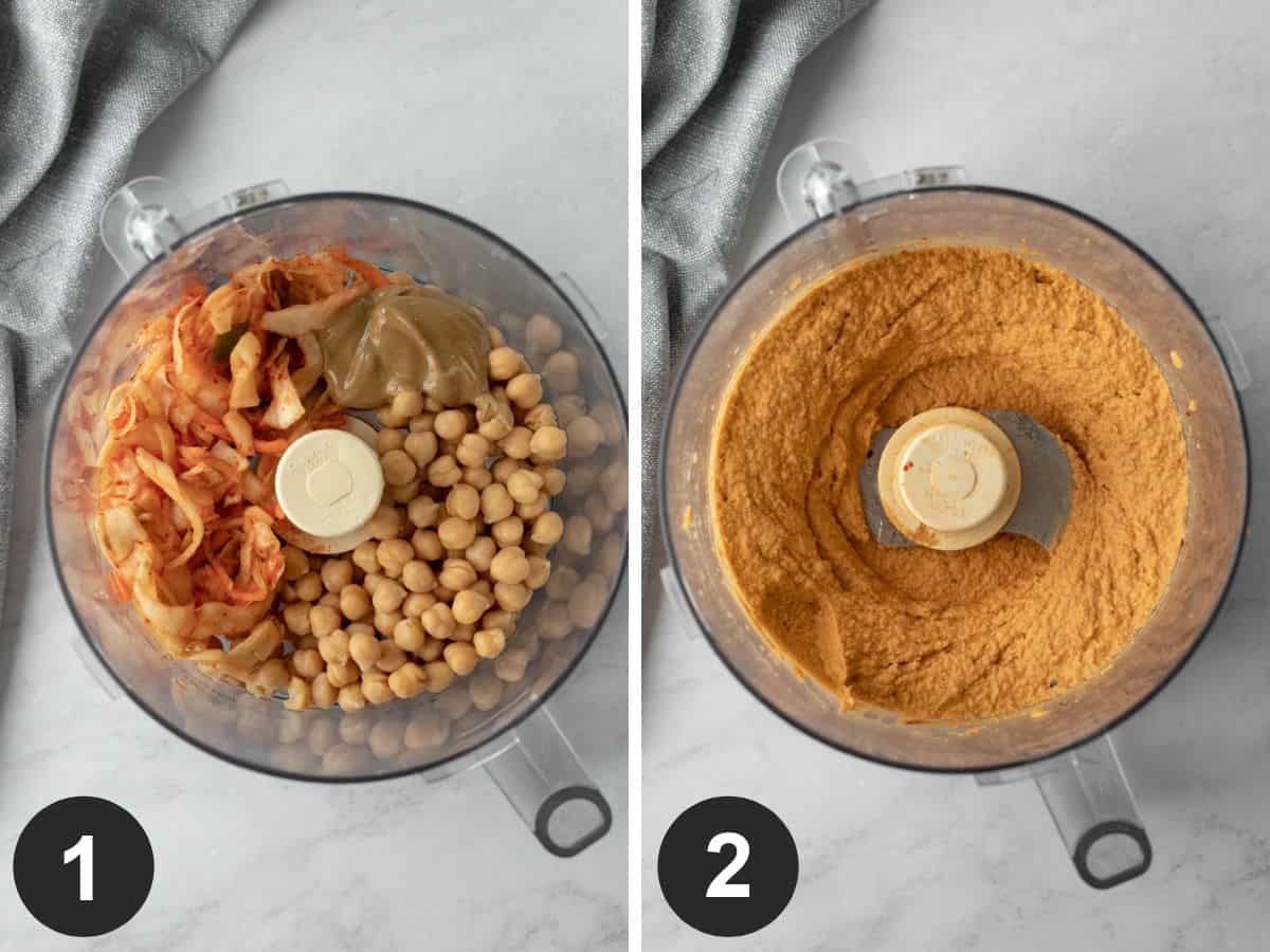 two photos showing ingredients inside food processor before and after blending.