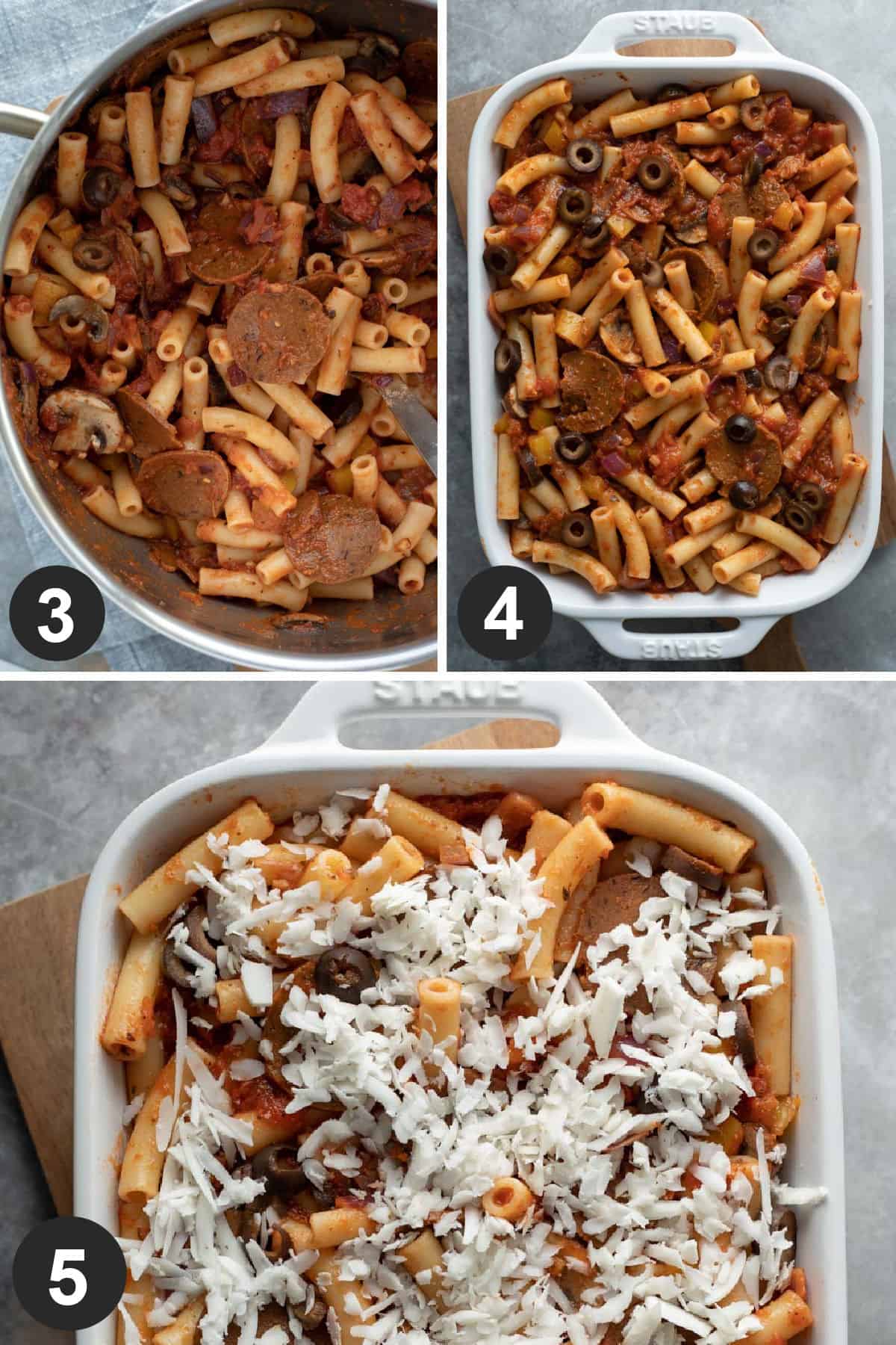 3-photo collage showing how to assemble the pasta bake.
