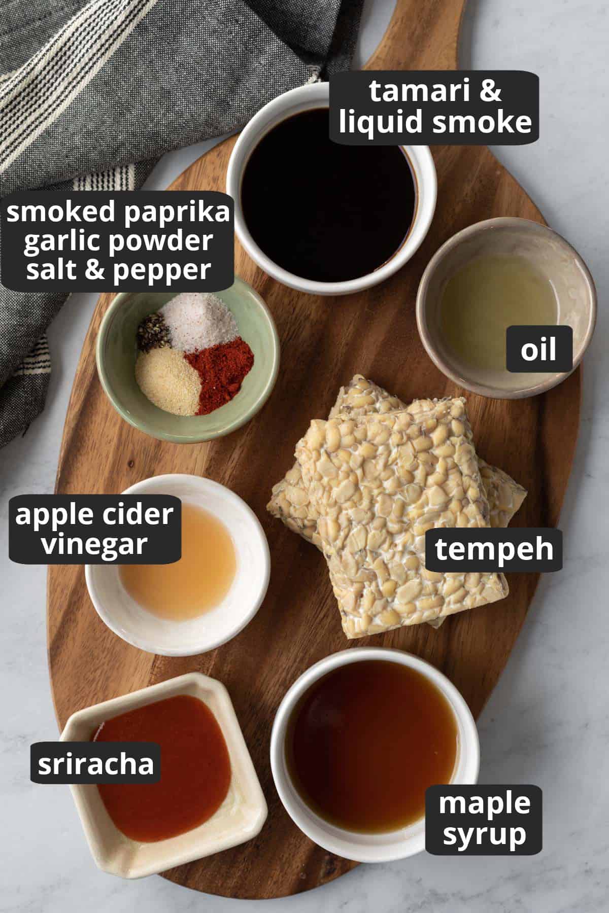 labeled photo of ingredients needed to make marinated air fryer tempeh.
