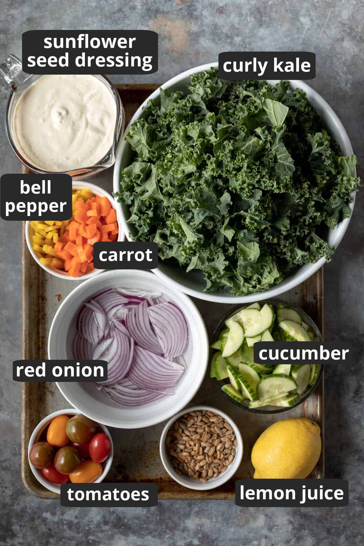 labeled photo showing all 8 ingredients needed to make vegan kale salad.