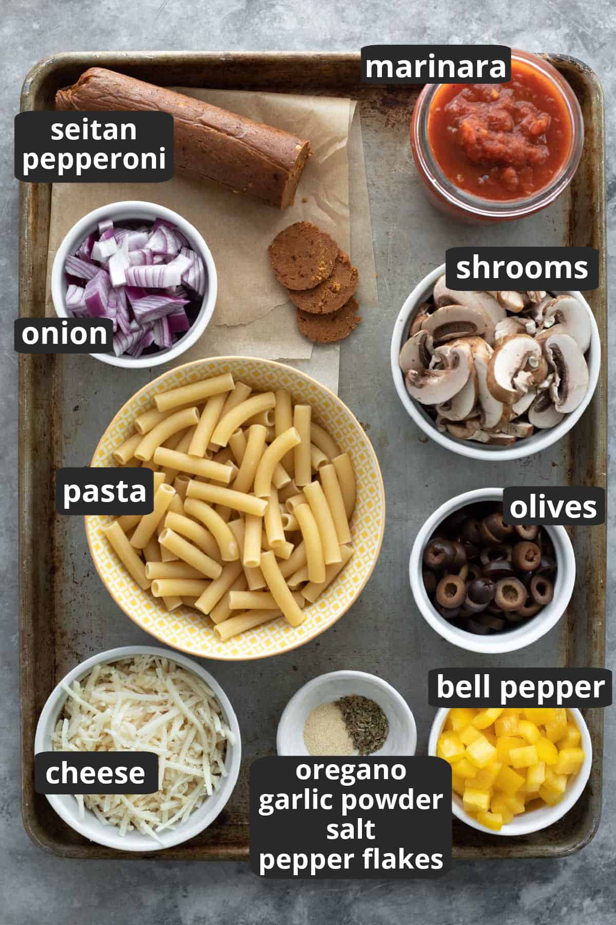 Labeled photo of the ingredients needed for the pizza casserole recipe.