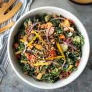 overhead photo of colorful vegan kale salad in a large bowl.