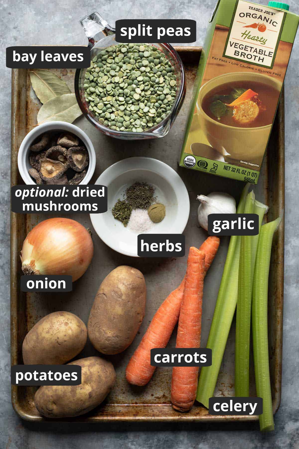 labeled photo of ingredients needed for vegan pea soup.