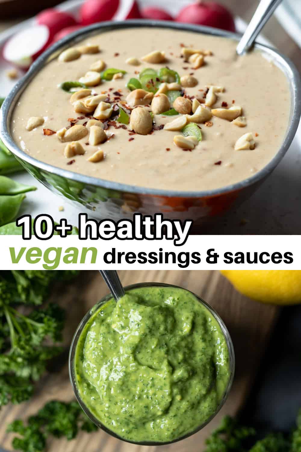 image to save on Pinterest with two photos of salad dressing and text overlay.