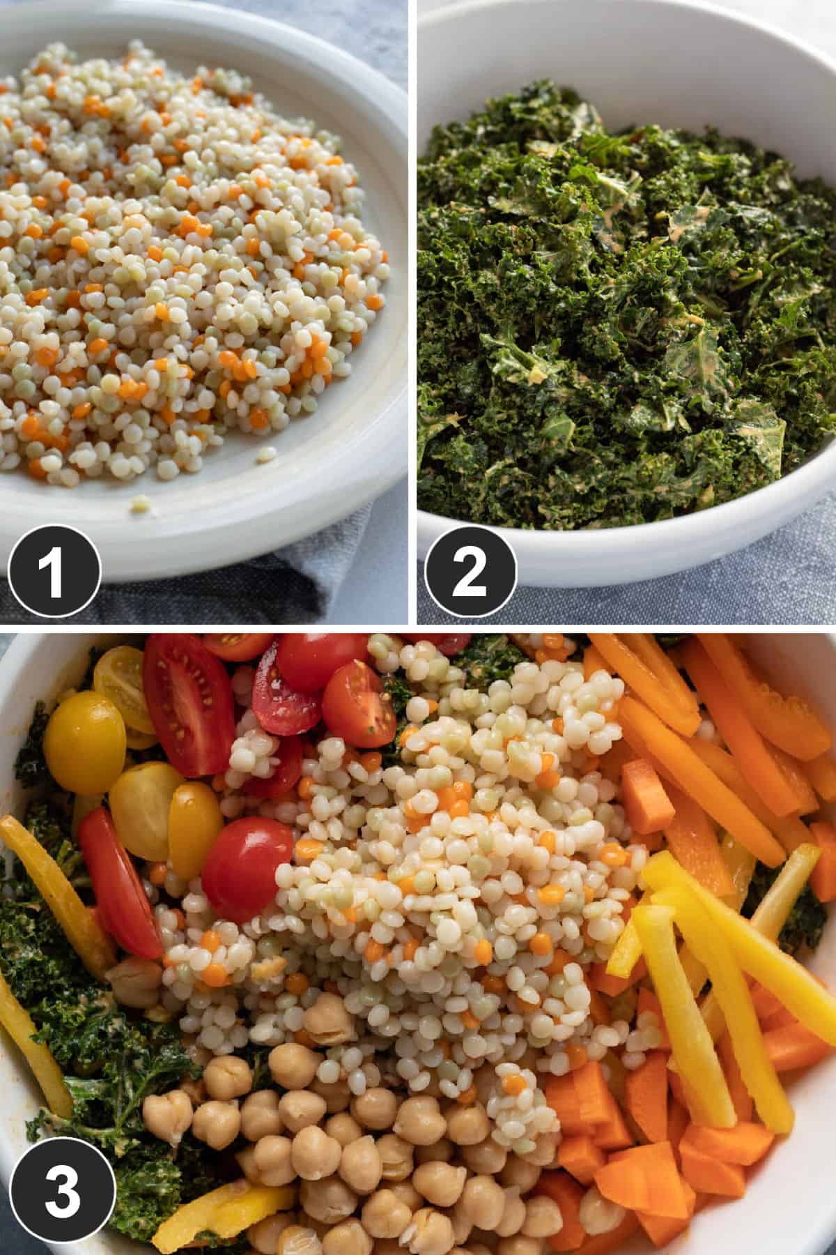 a 3-photo collage showing the steps of assembling the kale salad.