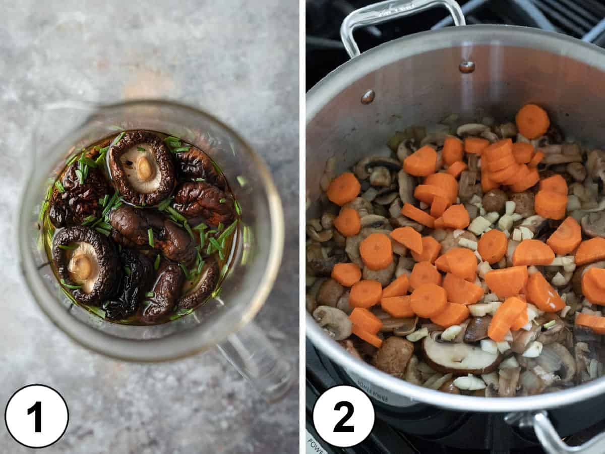 two photos showing how to steep dried mushrooms and saute vegetables for stew.