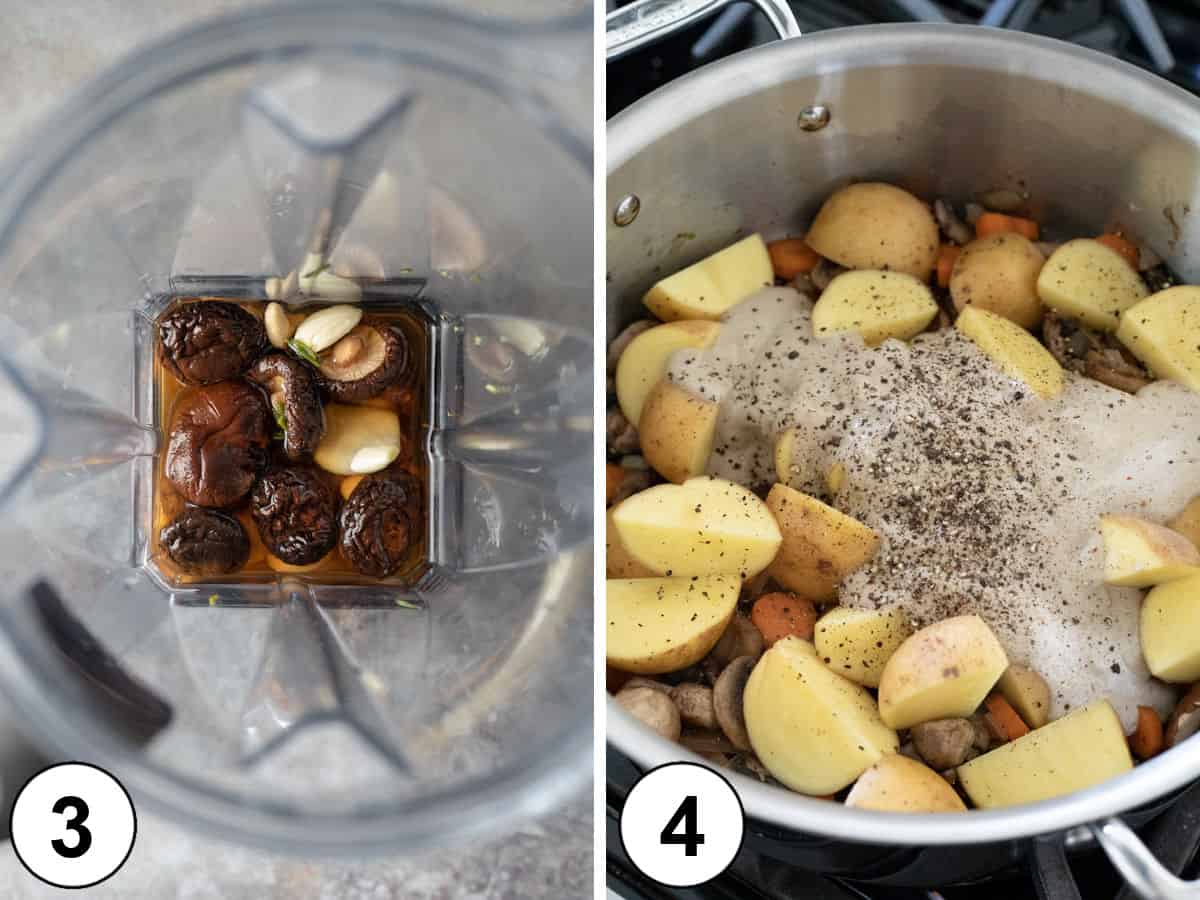 two photos showing how to blend the creamy base and add to the pot.