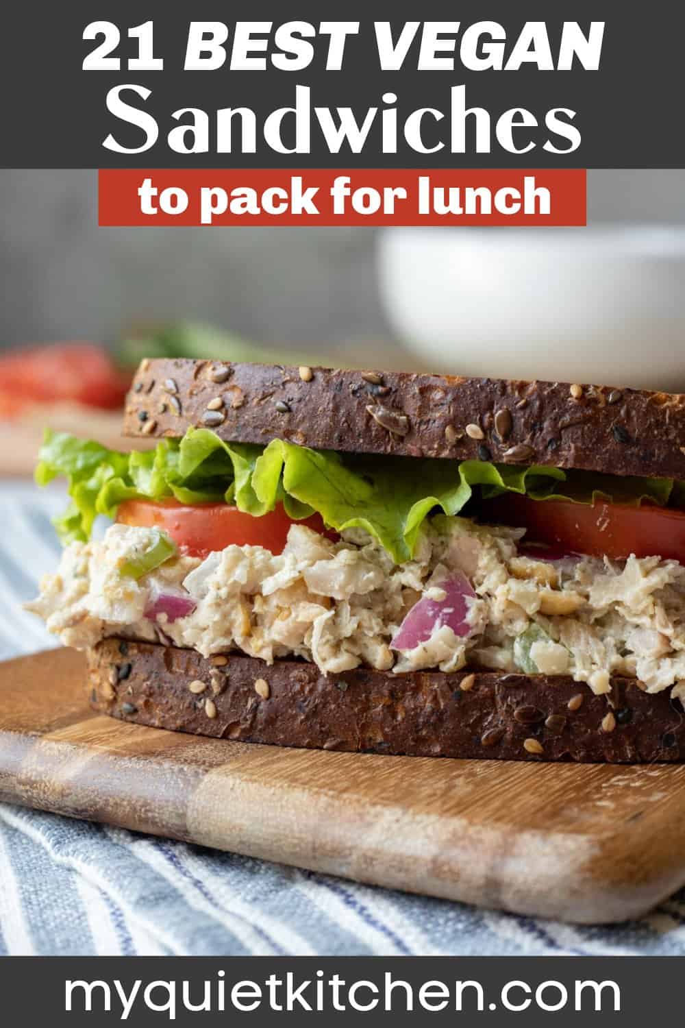 photo of a vegan chicken salad sandwich with text to save on Pinterest.