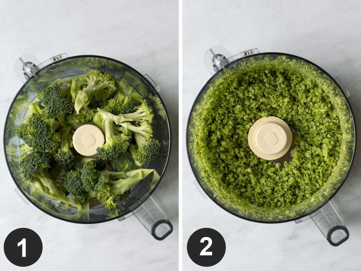 two photos showing broccoli florets in food processor before and after pulsing.