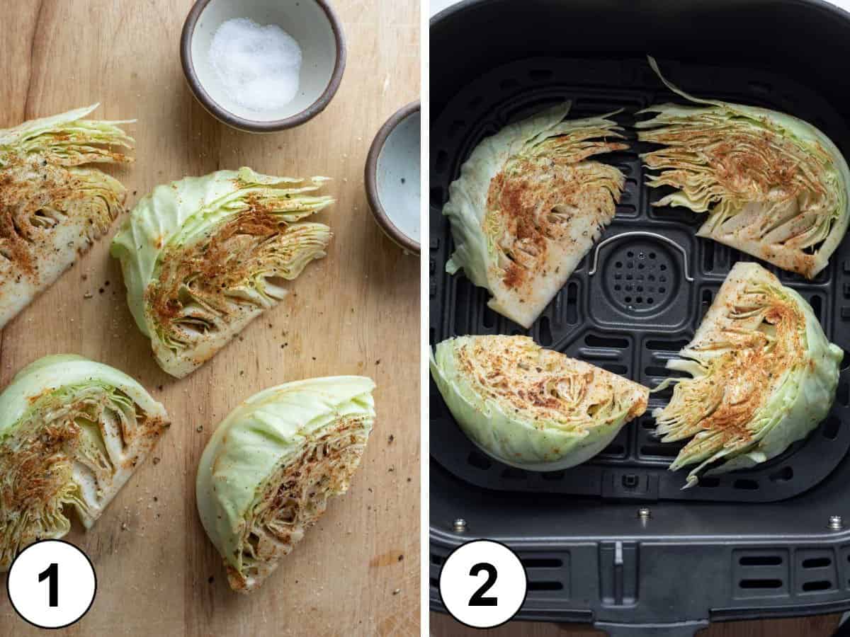 a 2-photo collage showing how to season the cabbage and place in air fryer.