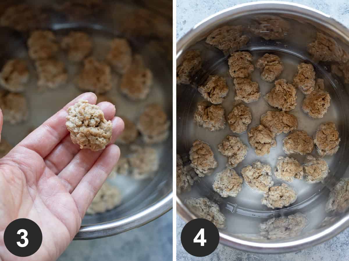 two photos showing shaping seitan nuggets and placing inside Instant Pot.