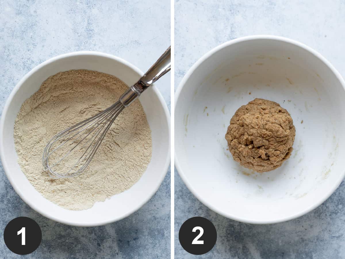a 2-photo collage showing the steps in making seitan dough.