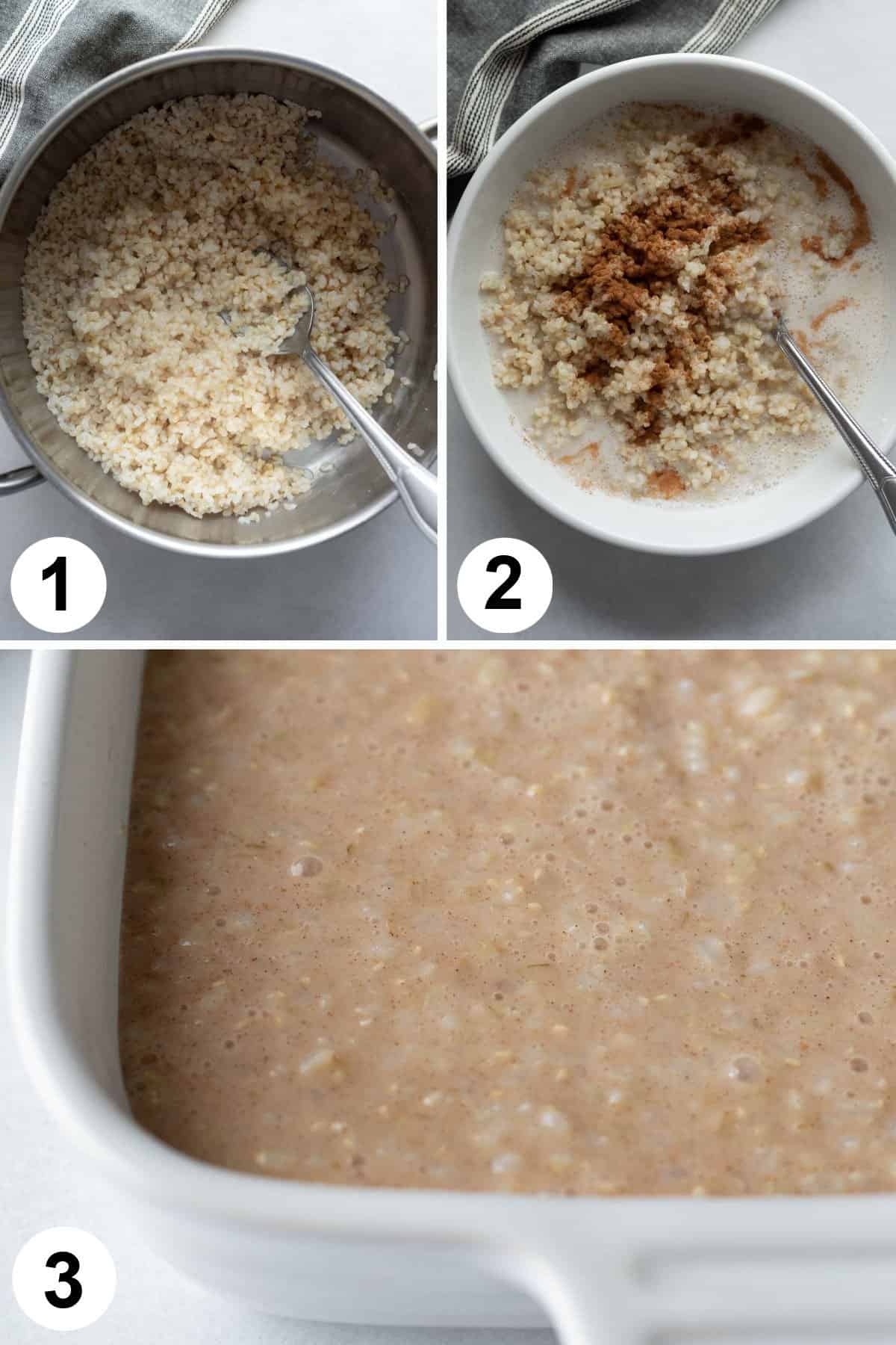 3-photo collage with the steps of cooking rice and baking vegan rice pudding.