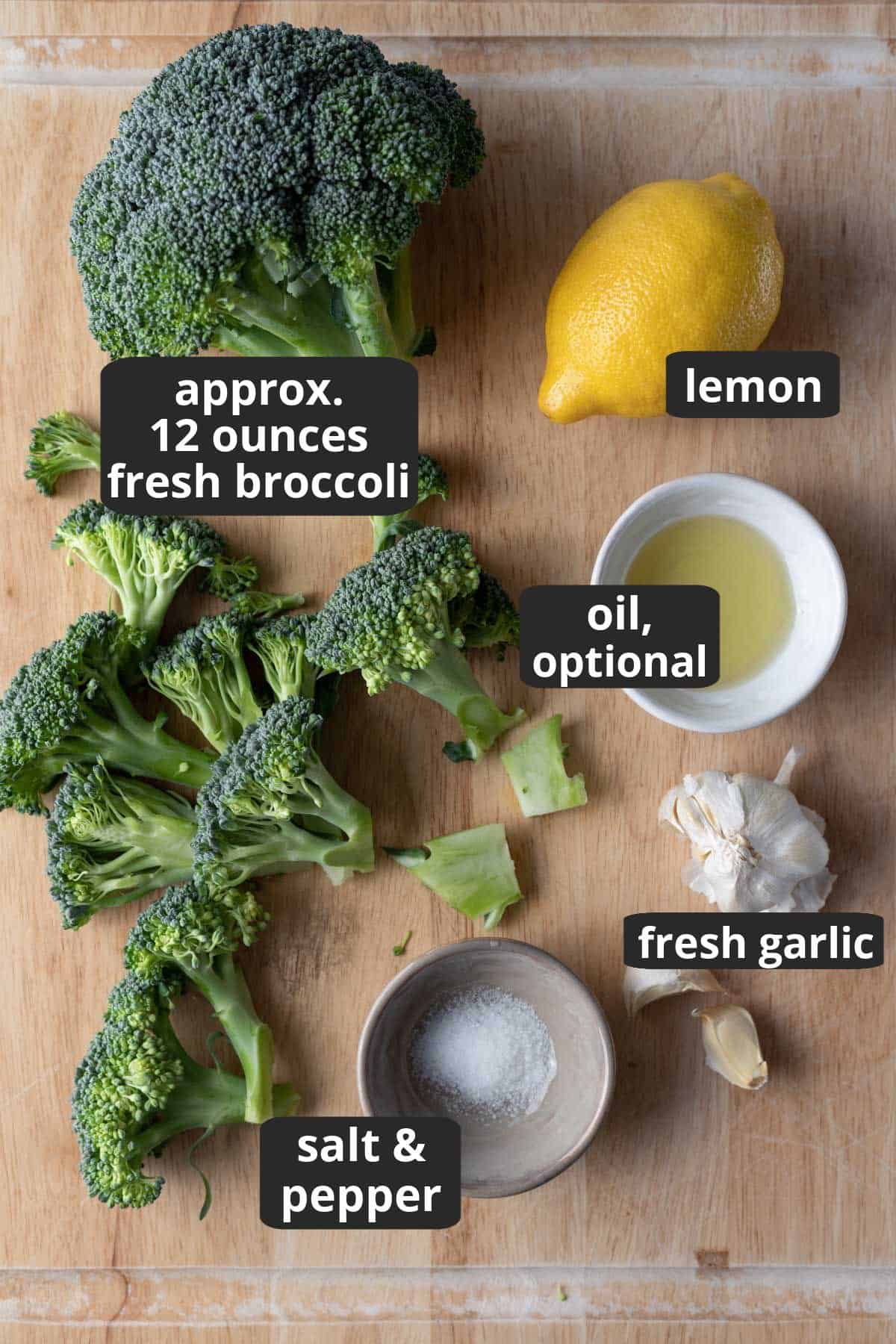 a labeled photo of the ingredients needed for seasoned broccoli rice.