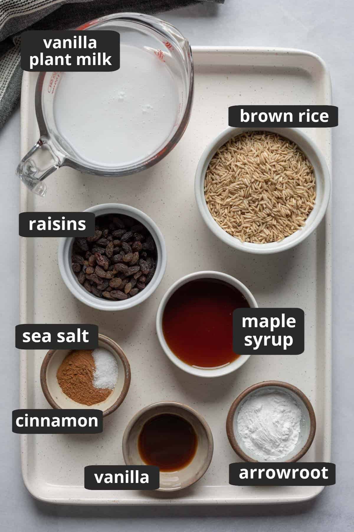 labeled photo of the ingredients needed for non-dairy rice pudding.