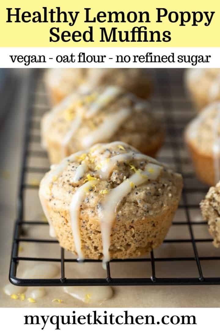 photo of lemon poppyseed muffins with text overlay to save on Pinterest.