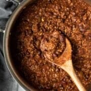 overhead close up of a pot full of chunky chili.