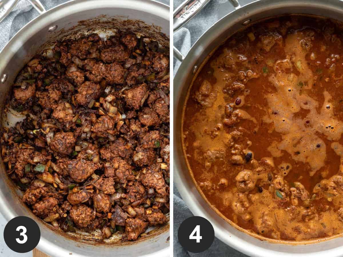 2 photos showing browning the Beyond meat and adding remaining ingredients.