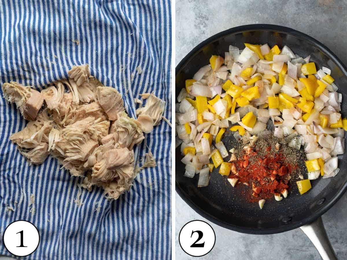 Two photos showing how to prepare jackfruit and saute vegetables.
