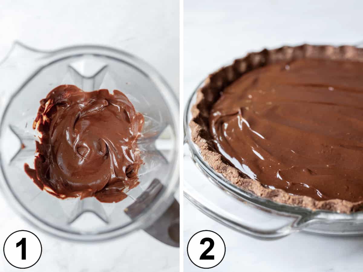 two photos showing pie filling in blender then poured into crust.